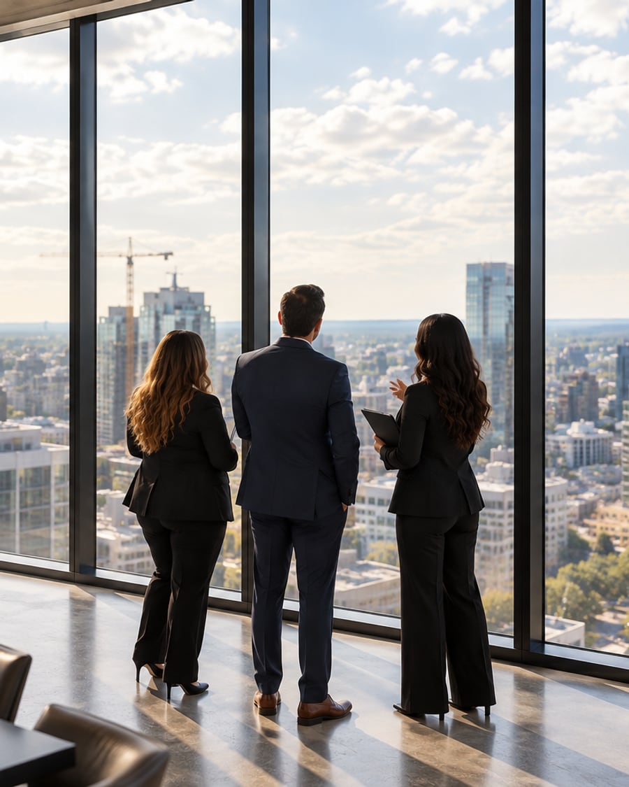 Two agents and a client looking out over a city skyline from an office window